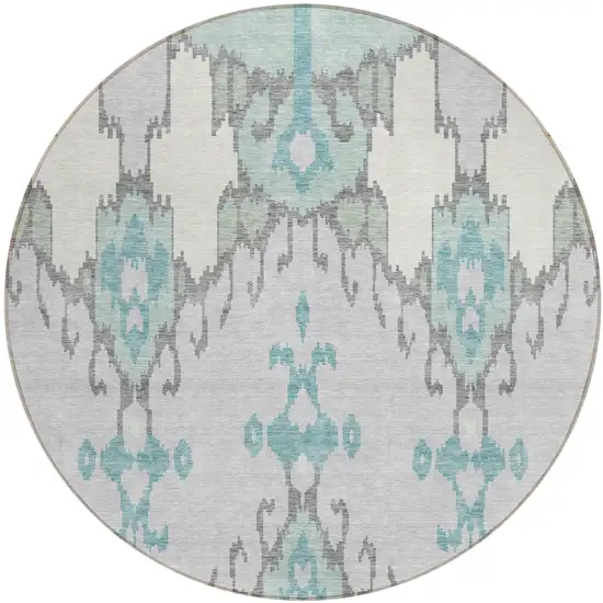 8' Mint Green Teal Blue And Ivory Round Ikat Washable Indoor Outdoor Area Rug Photo 1