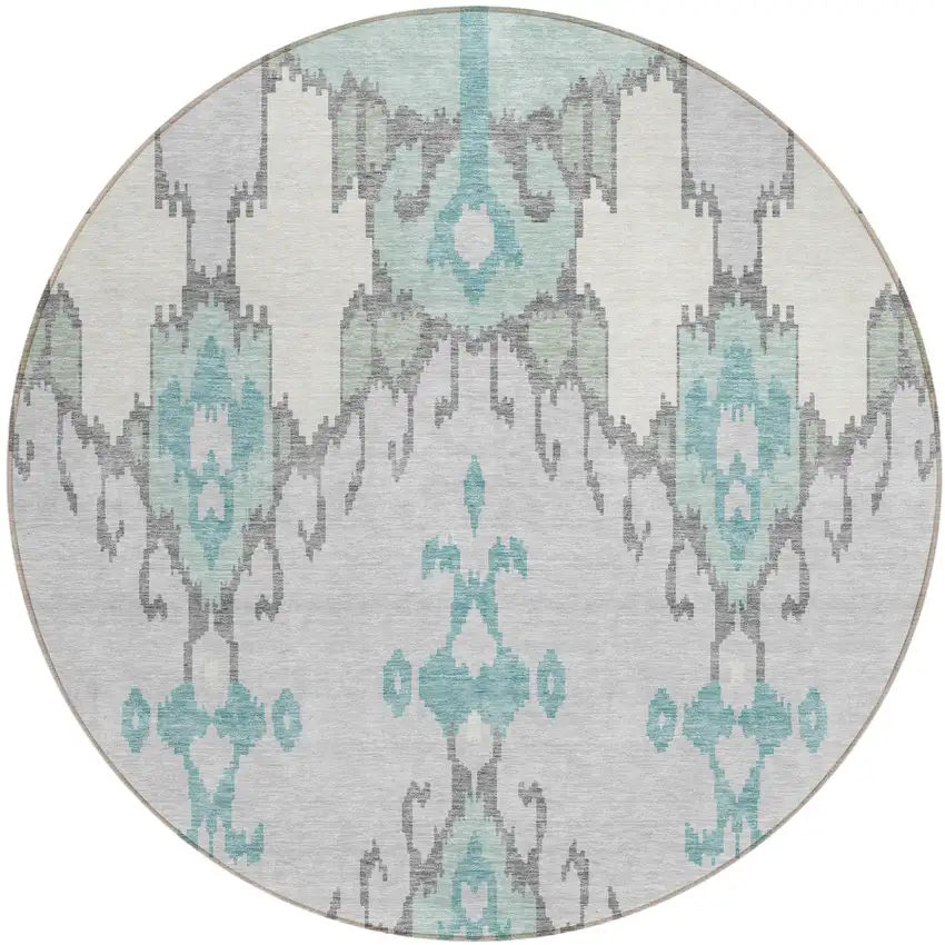 8' Mint Green Teal Blue And Ivory Round Ikat Washable Indoor Outdoor Area Rug Photo 1
