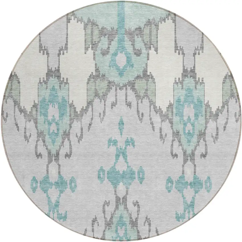 8' Mint Green Teal Blue And Ivory Round Ikat Washable Indoor Outdoor Area Rug Photo 1