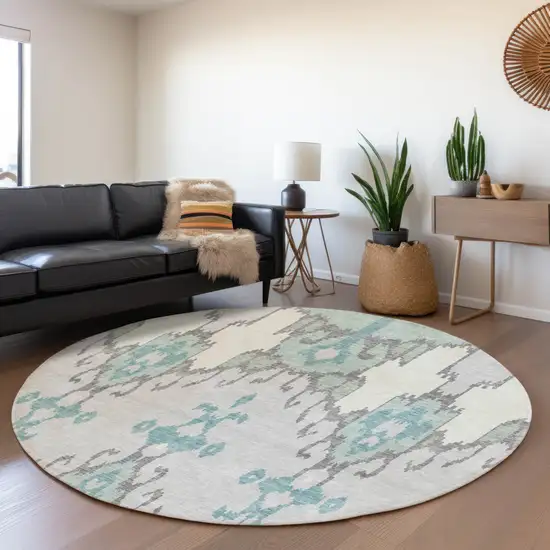 8' Mint Green Teal Blue And Ivory Round Ikat Washable Indoor Outdoor Area Rug Photo 7