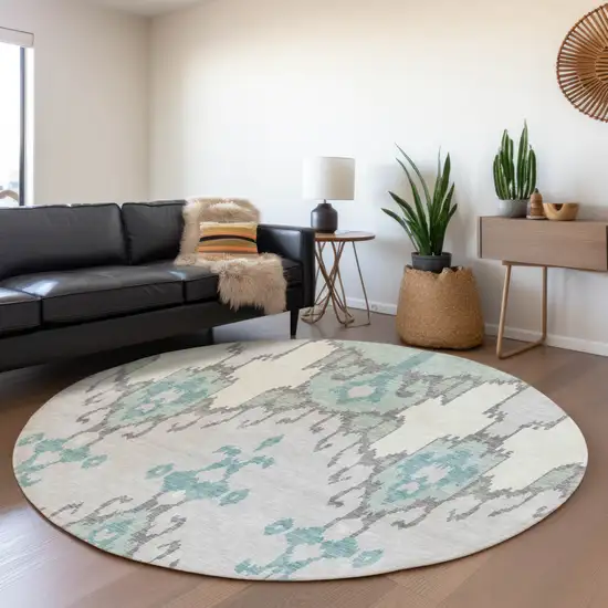 8' Mint Green Teal Blue And Ivory Round Ikat Washable Indoor Outdoor Area Rug Photo 7