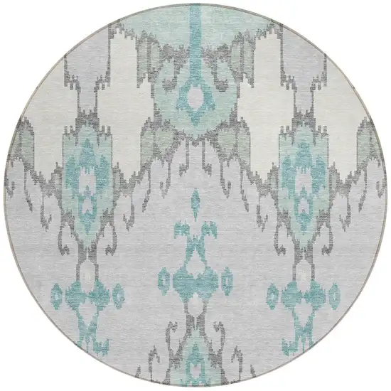 8' Mint Green Teal Blue And Ivory Round Ikat Washable Indoor Outdoor Area Rug Photo 5