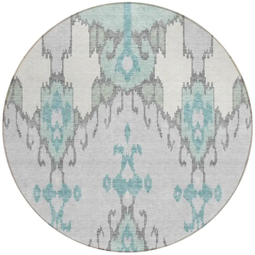 8' Mint Green Teal Blue And Ivory Round Ikat Washable Indoor Outdoor Area Rug Photo 5