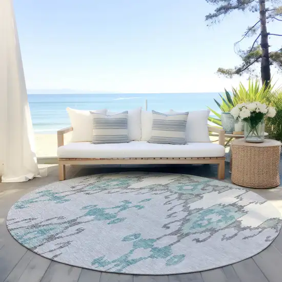 8' Mint Green Teal Blue And Ivory Round Ikat Washable Indoor Outdoor Area Rug Photo 6