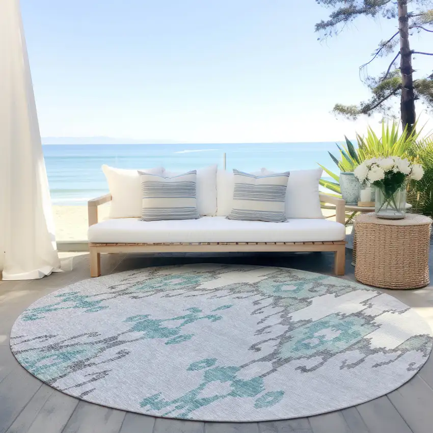 8' Mint Green Teal Blue And Ivory Round Ikat Washable Indoor Outdoor Area Rug Photo 6
