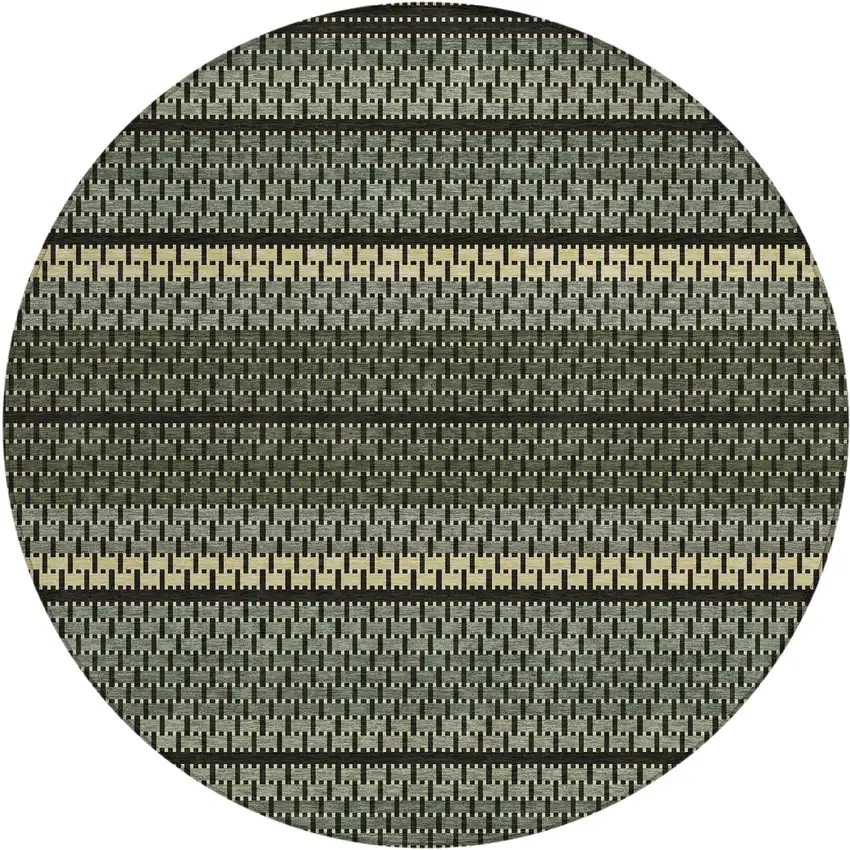 8' Moss Green Wheat And Black Round Striped Washable Indoor Outdoor Area Rug Photo 1