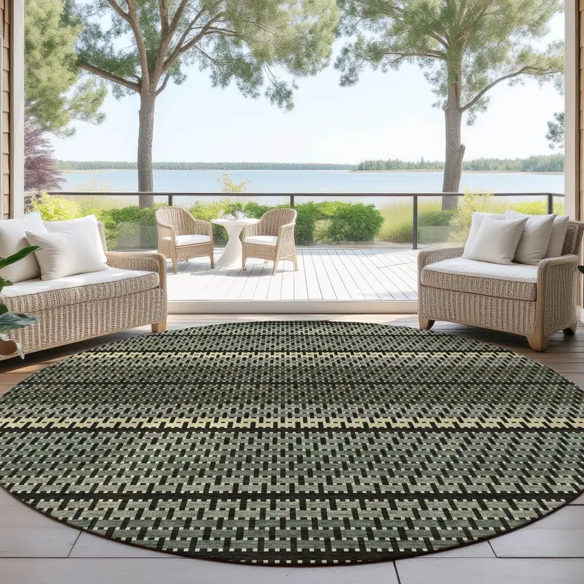 8' Moss Green Wheat And Black Round Striped Washable Indoor Outdoor Area Rug Photo 4