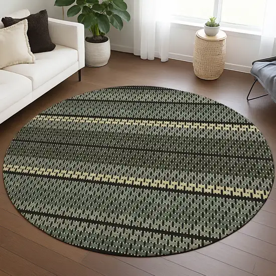 8' Moss Green Wheat And Black Round Striped Washable Indoor Outdoor Area Rug Photo 5