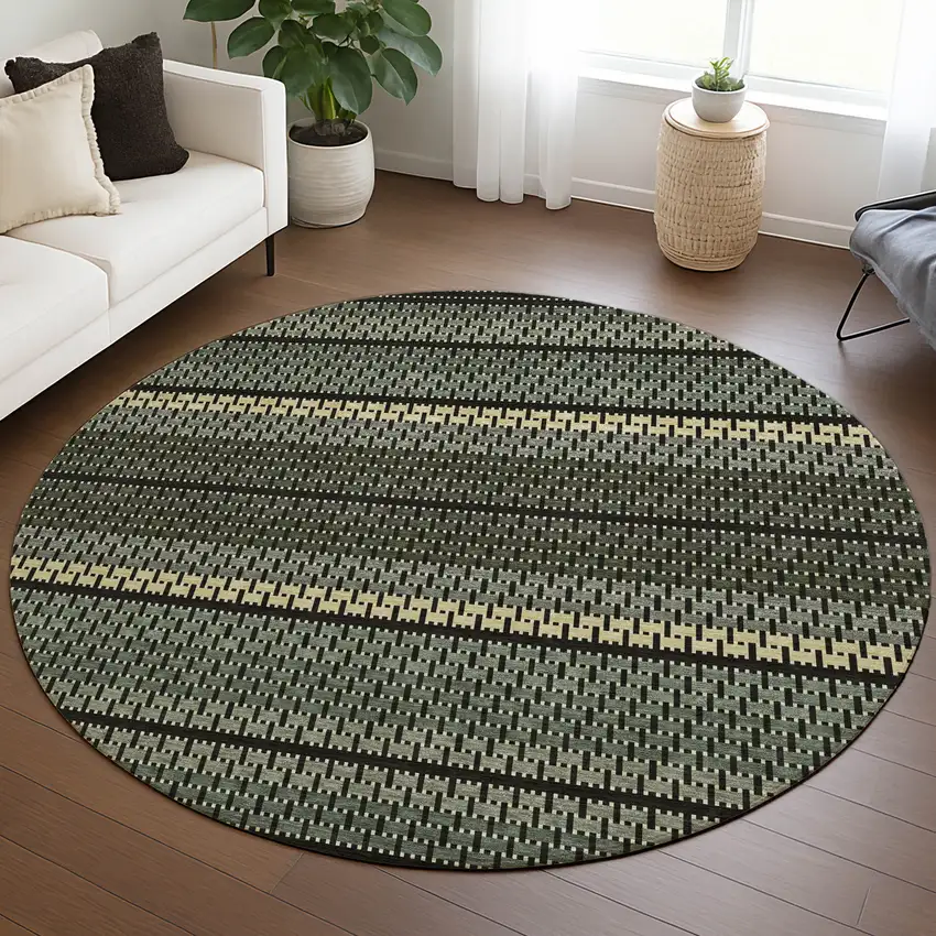 8' Moss Green Wheat And Black Round Striped Washable Indoor Outdoor Area Rug Photo 5