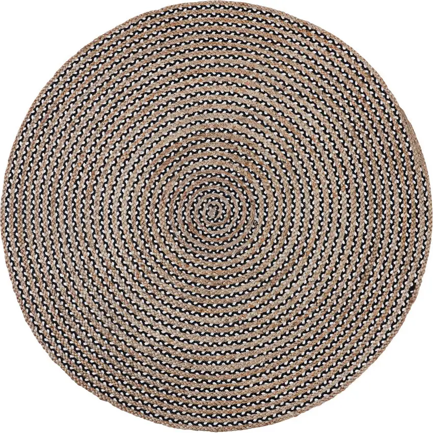 6' Natural And Black Jute Vermicular Hand Woven Round Rug Photo 3