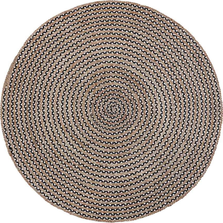 6' Natural And Black Jute Vermicular Hand Woven Round Rug Photo 2