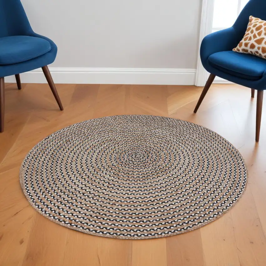 6' Natural And Black Jute Vermicular Hand Woven Round Rug Photo 1