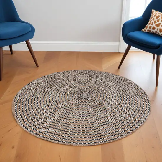6' Natural And Black Jute Vermicular Hand Woven Round Rug Photo 1