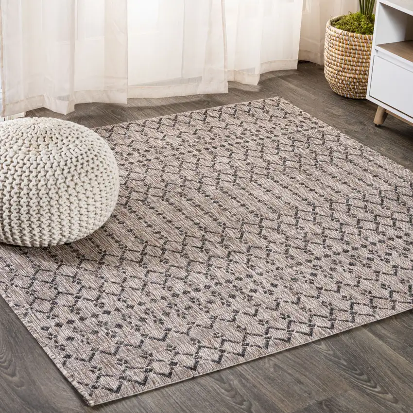 6' Natural And Black Square Trellis Indoor Outdoor Area Rug Photo 4