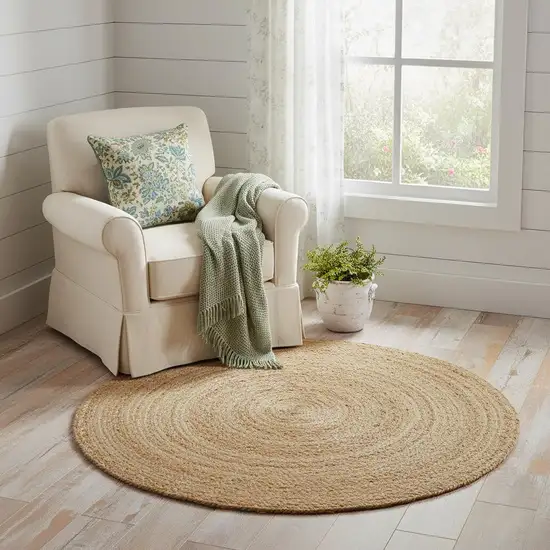 4' Natural Jute Flatweave Handmade Round Rug Photo 1