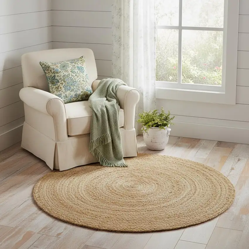 4' Natural Jute Flatweave Handmade Round Rug Photo 1