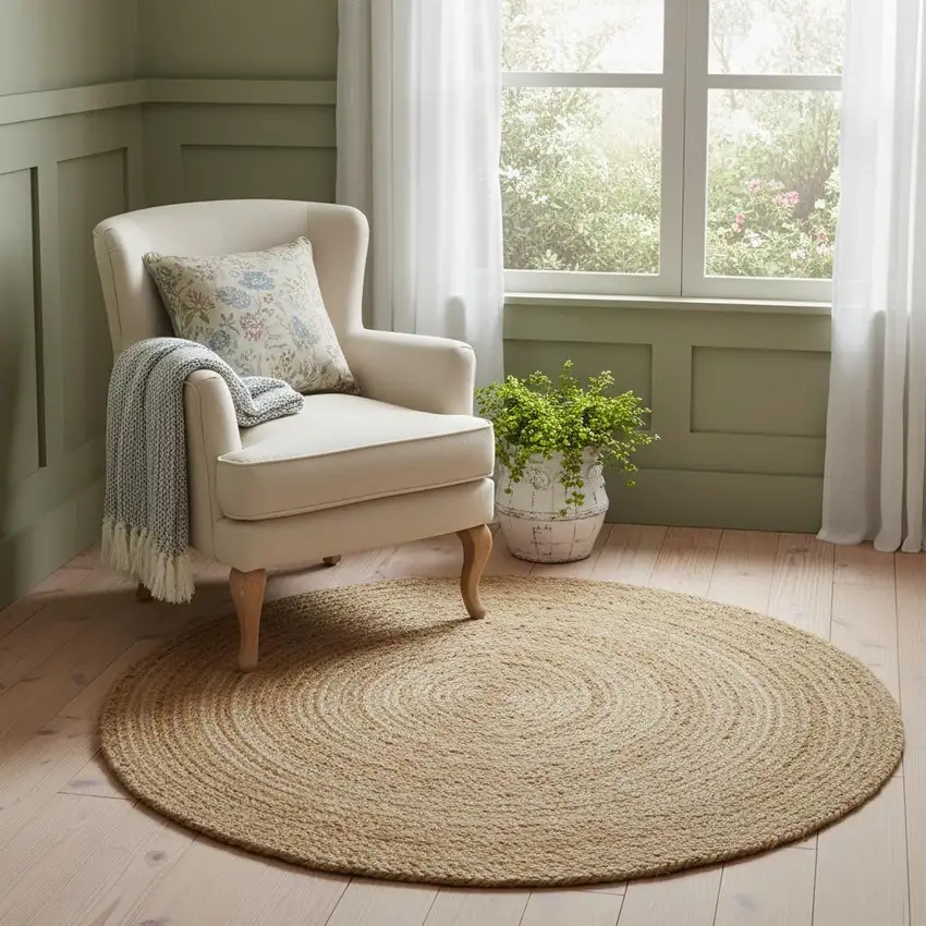 5' Natural Jute Flatweave Handmade Round Rug Photo 1