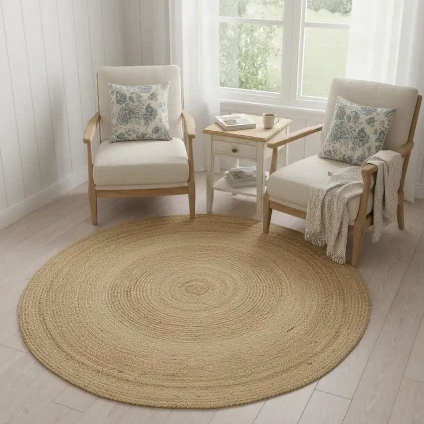 6' Natural Jute Flatweave Handmade Round Rug Photo 1