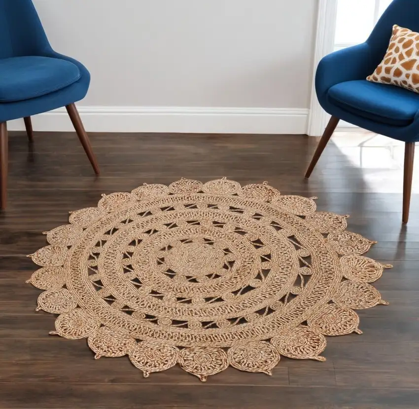 6' Natural Jute Floral Medallion Hand Braided Round Rug Photo 1
