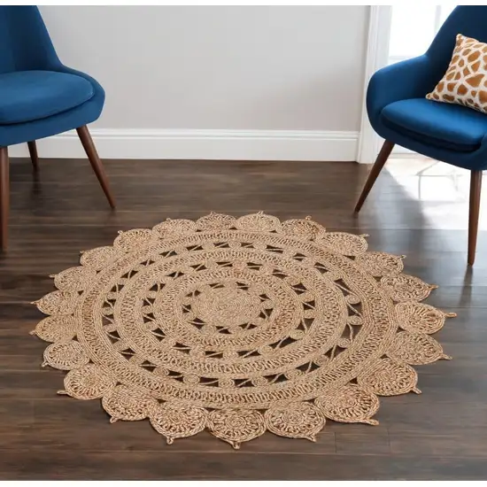 6' Natural Jute Floral Medallion Hand Braided Round Rug Photo 1