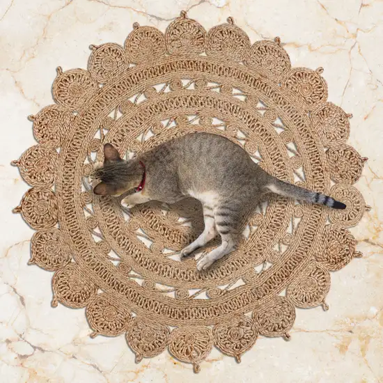 4' Natural Jute Floral Medallion Hand Braided Round Rug Photo 4