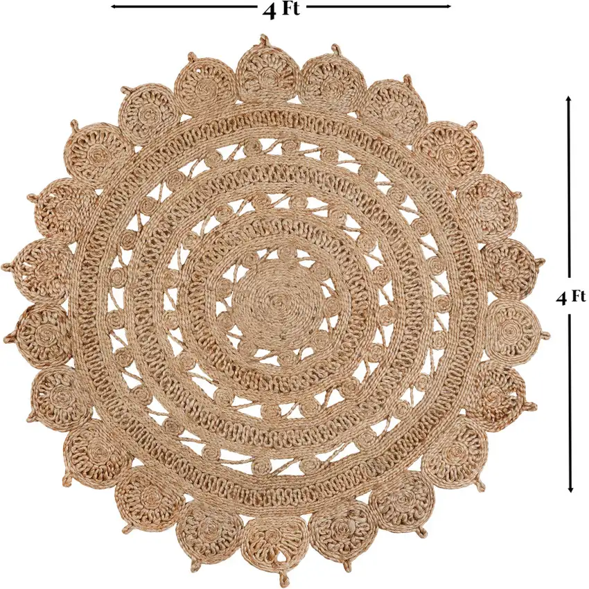 4' Natural Jute Floral Medallion Hand Braided Round Rug Photo 6