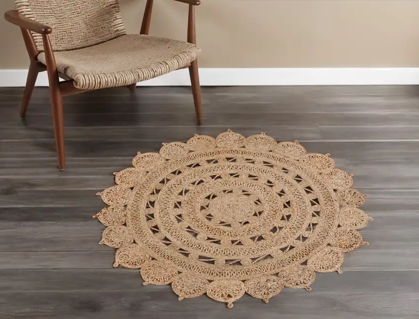 4' Natural Jute Floral Medallion Hand Braided Round Rug Photo 1