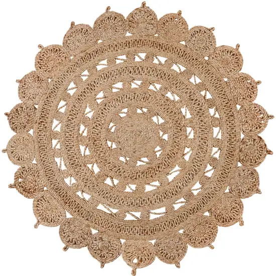 4' Natural Jute Floral Medallion Hand Braided Round Rug Photo 3