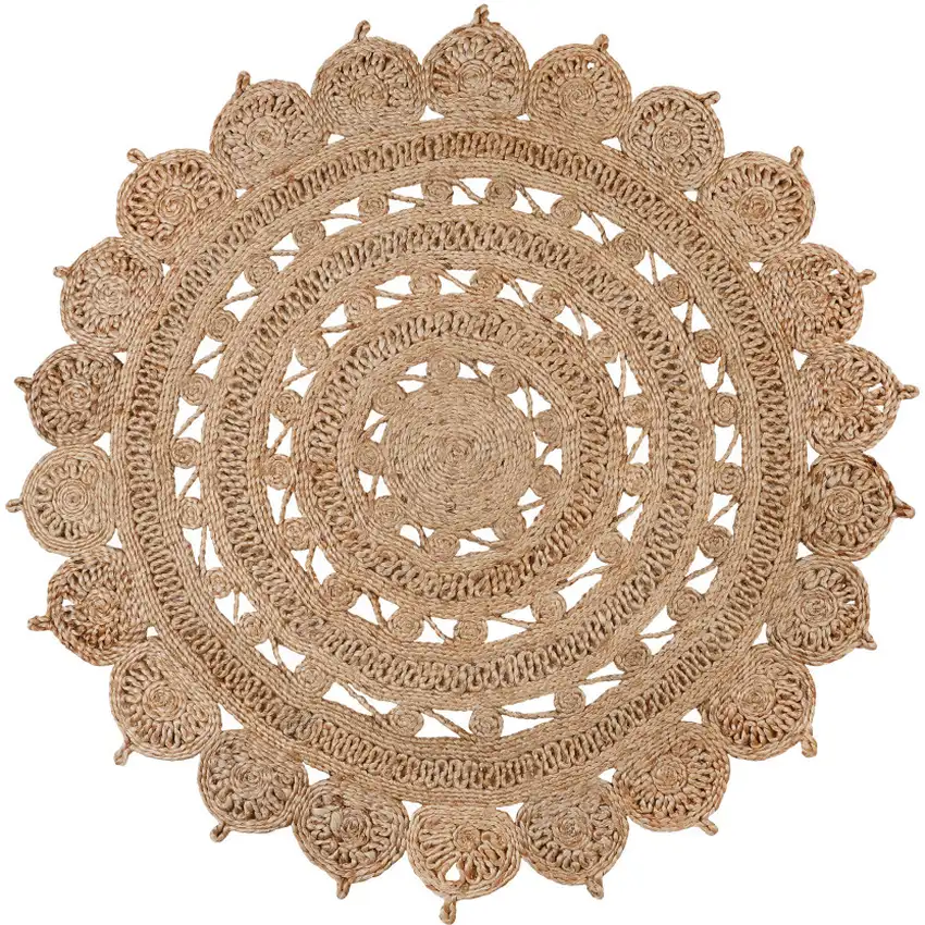4' Natural Jute Floral Medallion Hand Braided Round Rug Photo 3