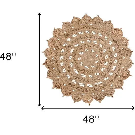 4' Natural Jute Floral Medallion Hand Braided Round Rug Photo 5