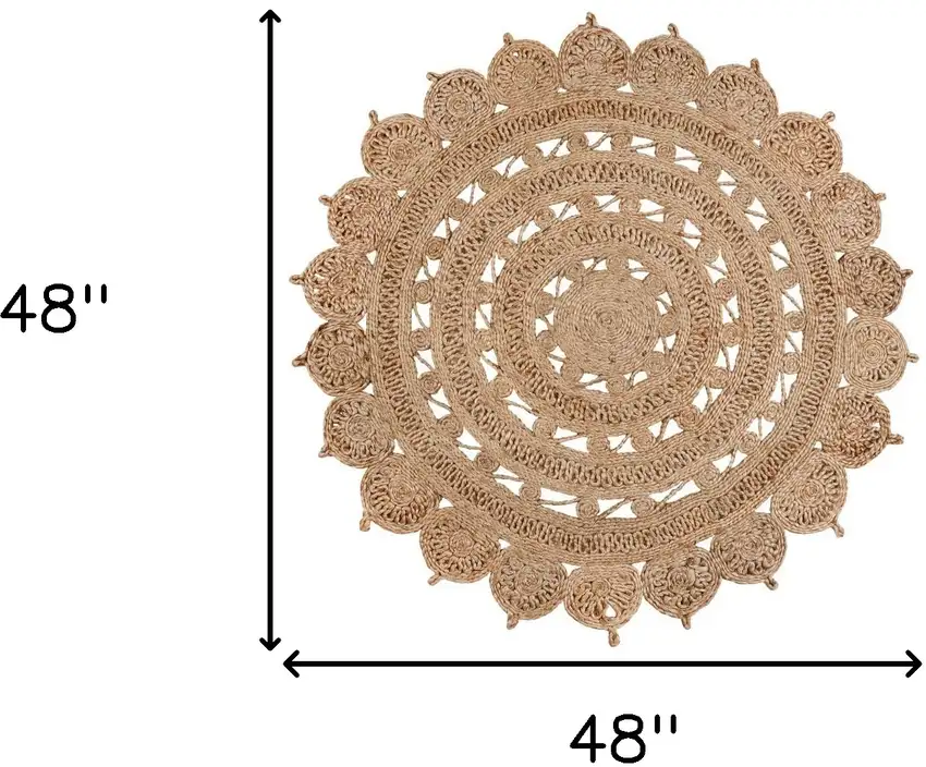 4' Natural Jute Floral Medallion Hand Braided Round Rug Photo 5