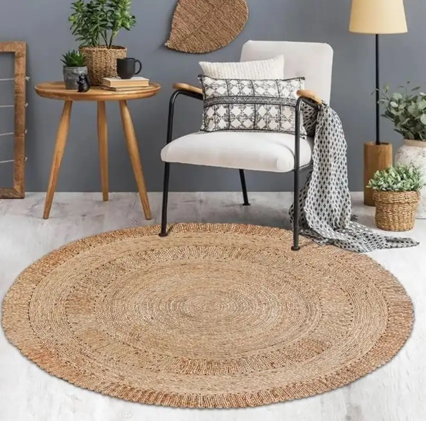 6' Natural Jute Geometric Hand Braided Round Rug Photo 5