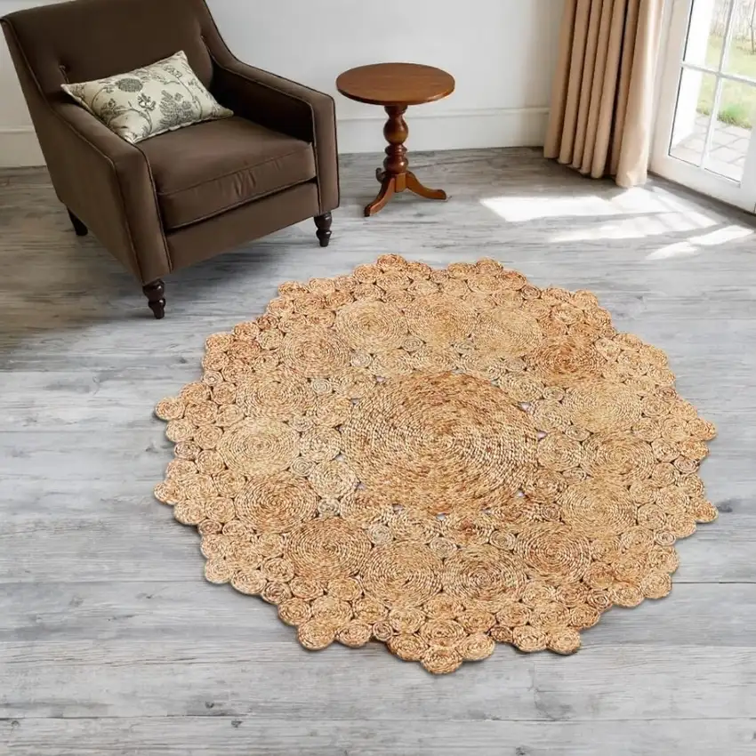 6' Natural Jute Geometric Hand Braided Round Rug Photo 1