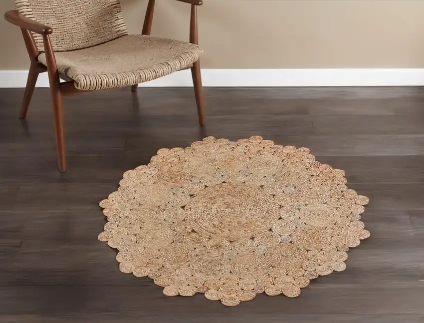 4' Natural Jute Geometric Hand Braided Round Rug Photo 1