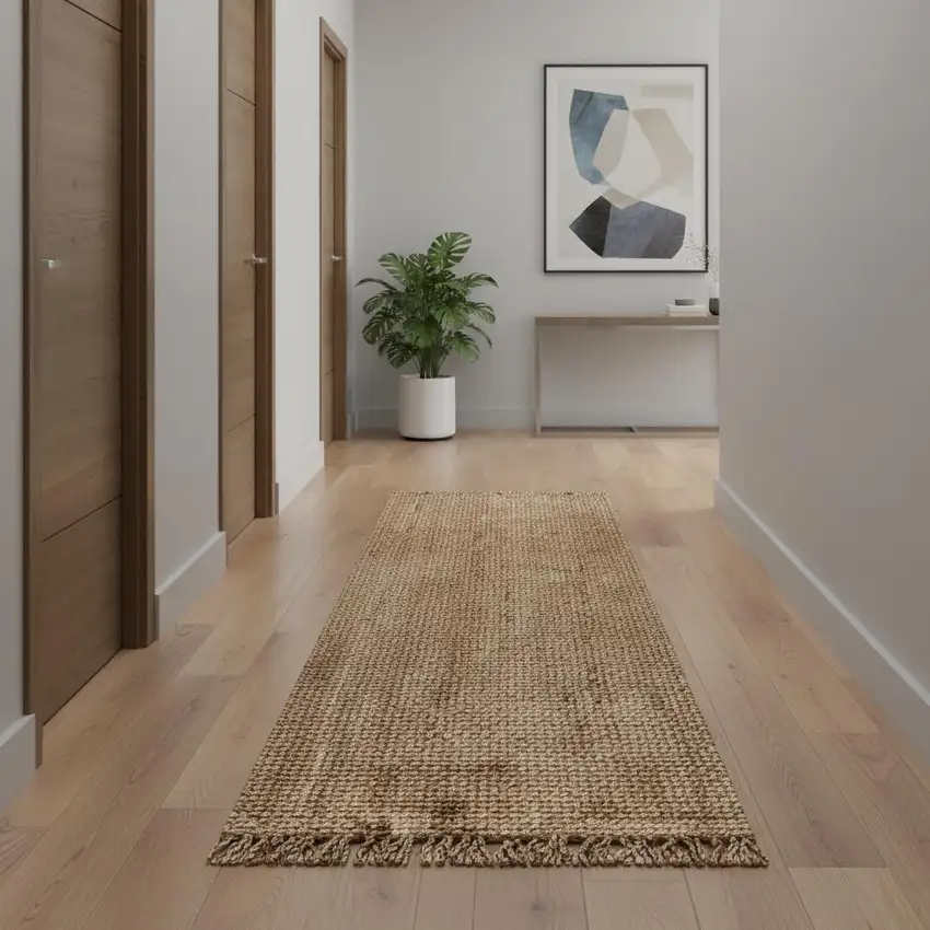 12' Natural Jute Handmade Runner Rug With Fringe Photo 2