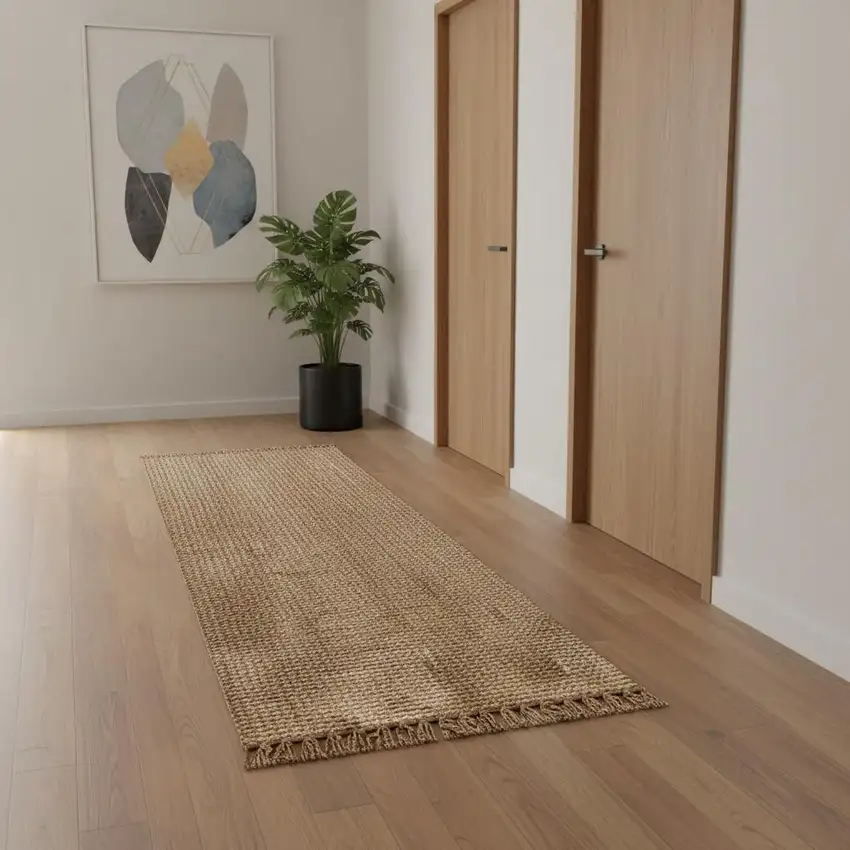 14' Natural Jute Handmade Runner Rug With Fringe Photo 2