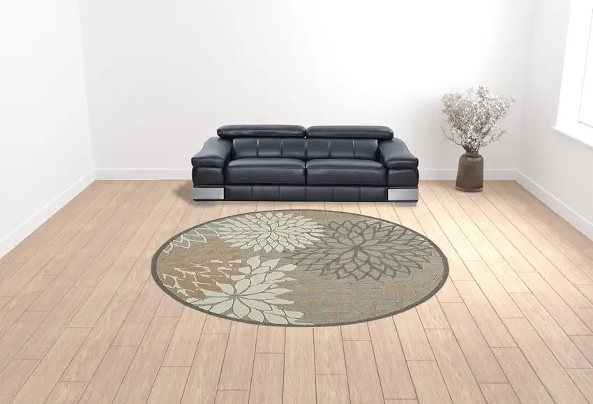10' Natural Round Floral Power Loom Area Rug Photo 2