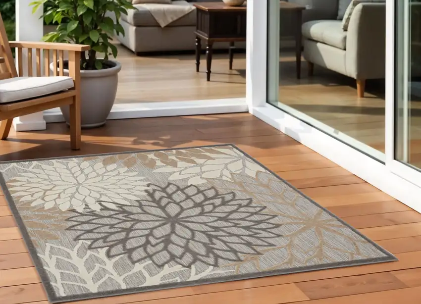 5' Natural Square Floral Power Loom Area Rug Photo 1