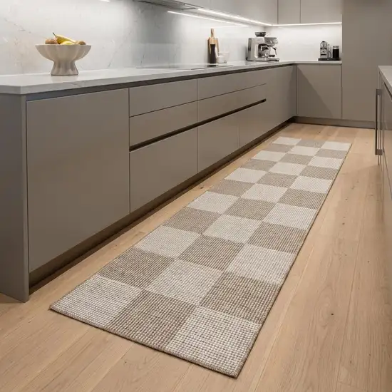 8' Natural and Ivory Geometric Power Loom Washable Non Skid Runner Rug Photo 1