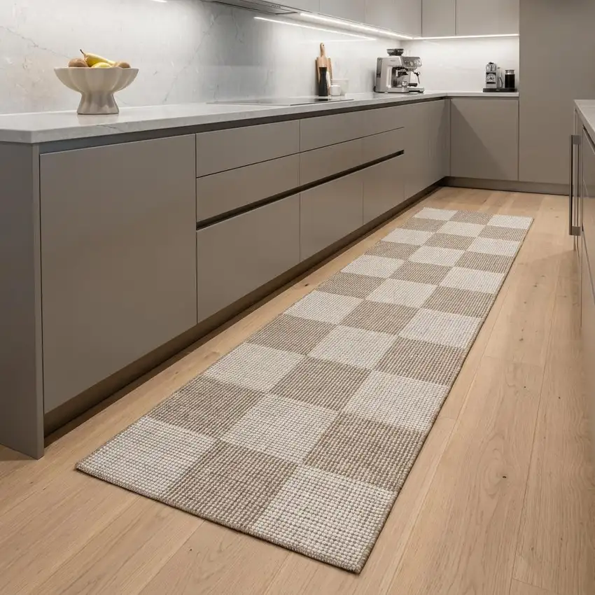 8' Natural and Ivory Geometric Power Loom Washable Non Skid Runner Rug Photo 1