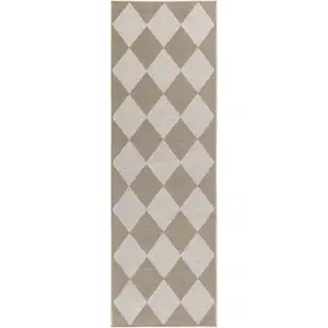 Photo of 8' Natural and Ivory Geometric Power Loom Washable Non Skid Runner Rug