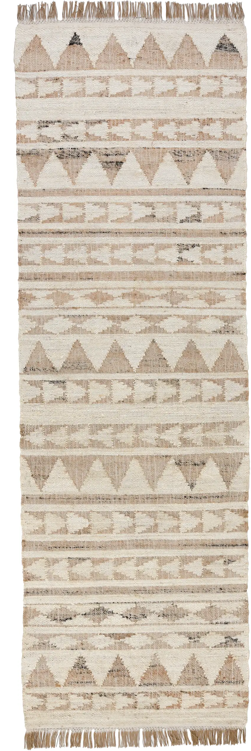 8' Natural and Ivory Southwestern Hand Woven Distressed Runner Rug with Fringe Photo 1