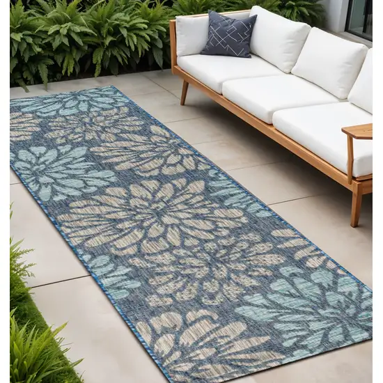 20' Navy Blue And Aqua Floral Indoor Outdoor Runner Rug Photo 1