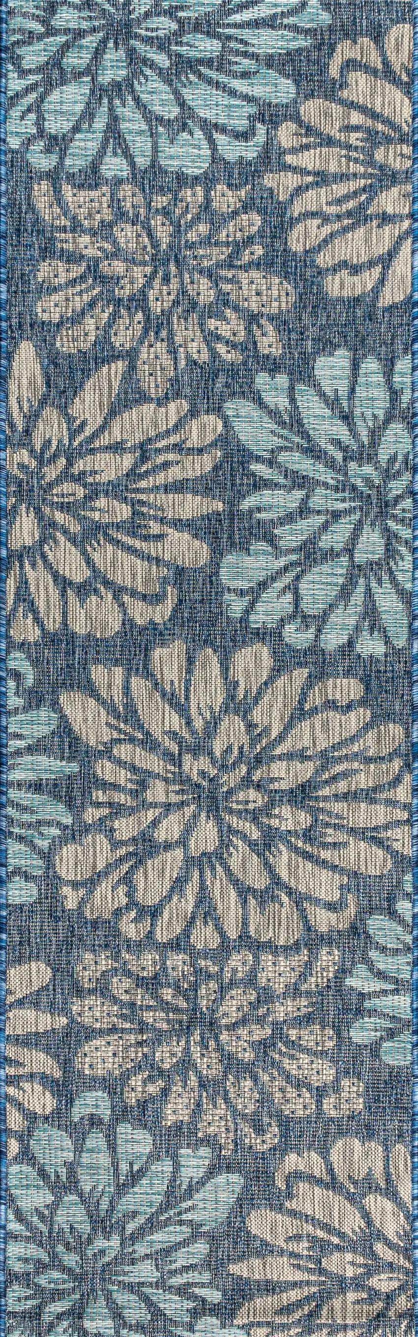 20' Navy Blue And Aqua Floral Indoor Outdoor Runner Rug Photo 3