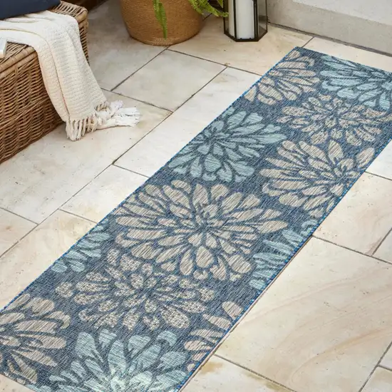 20' Navy Blue And Aqua Floral Indoor Outdoor Runner Rug Photo 5