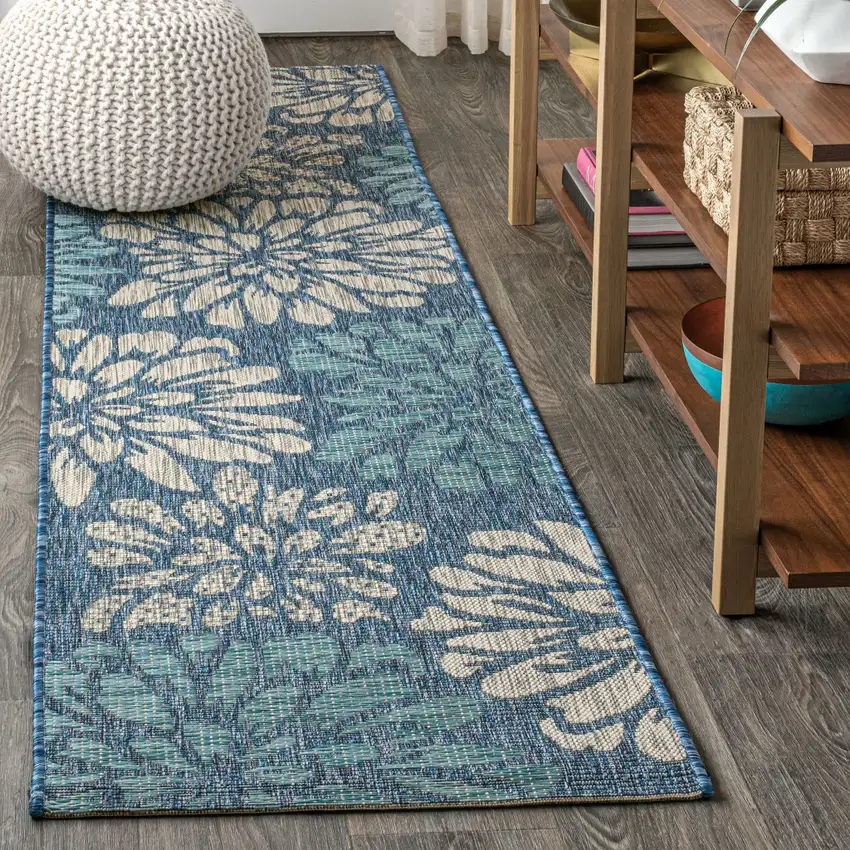 20' Navy Blue And Aqua Floral Indoor Outdoor Runner Rug Photo 4