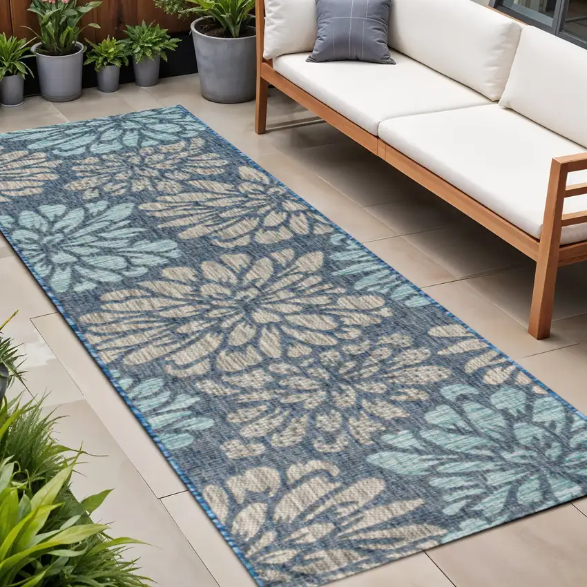8' Navy Blue And Aqua Floral Indoor Outdoor Runner Rug Photo 1