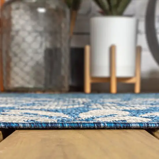 8' Navy Blue And Aqua Floral Indoor Outdoor Runner Rug Photo 6