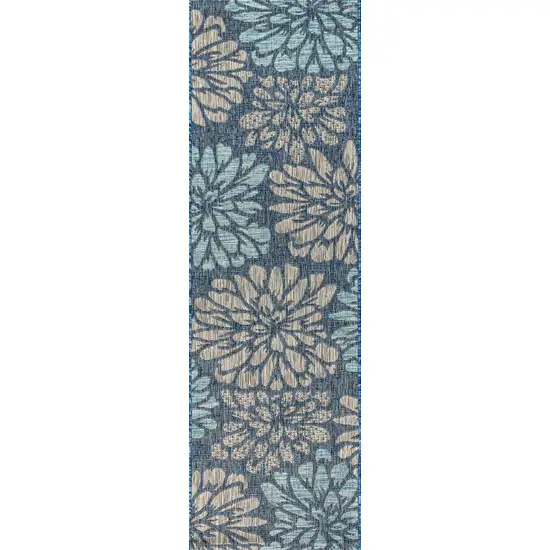 8' Navy Blue And Aqua Floral Indoor Outdoor Runner Rug Photo 1