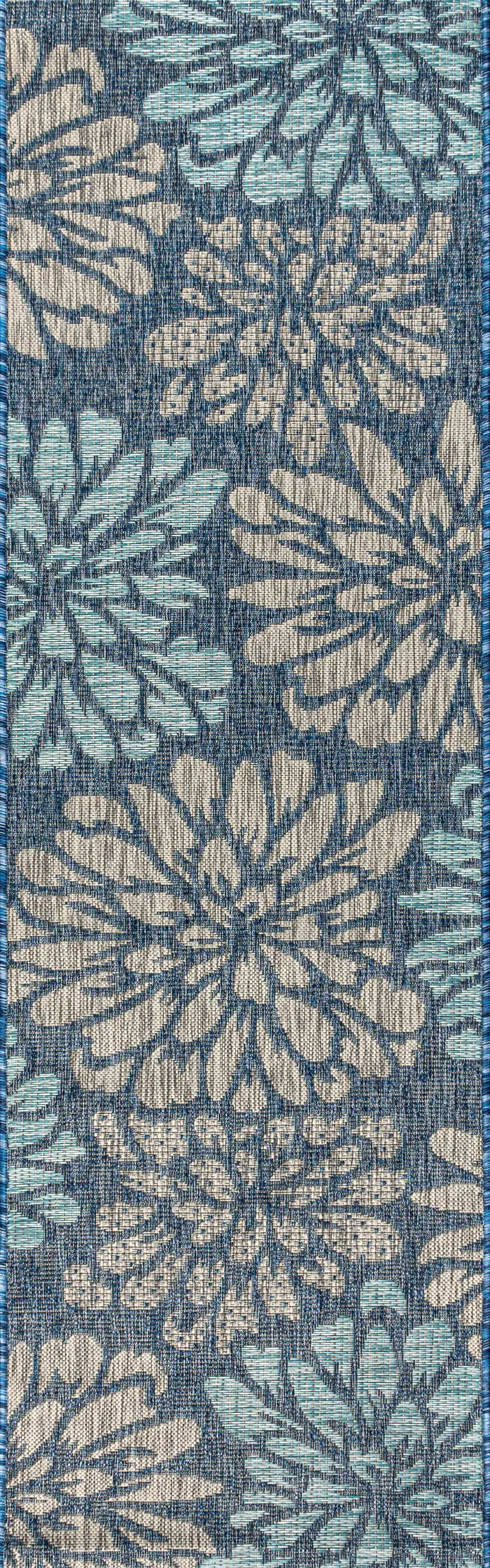 8' Navy Blue And Aqua Floral Indoor Outdoor Runner Rug Photo 1